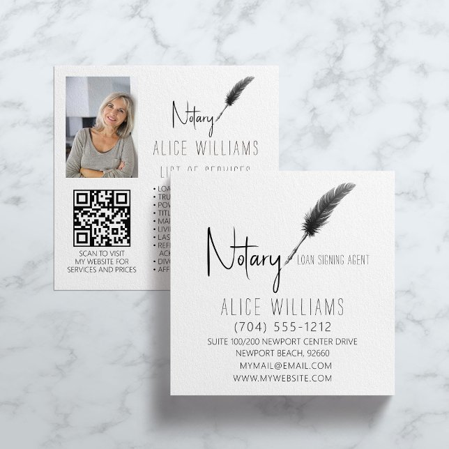 QR Code Minimalist Black & White Notary Photo Square Business Card (Creator Uploaded)