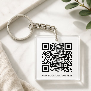 QR Code Minimalist Clean Simple White Custom Text Key Ring
