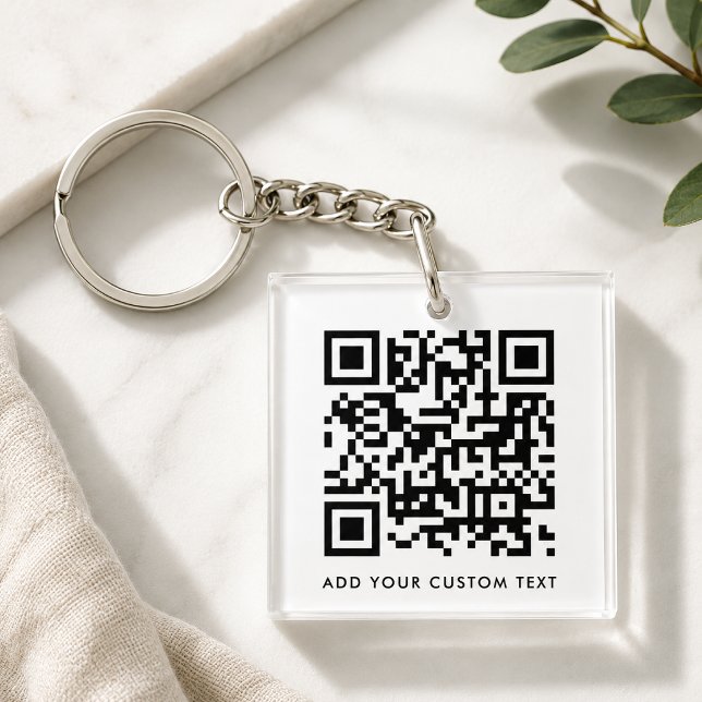QR Code Minimalist Clean Simple White Custom Text Key Ring (Versatile editable keychain template with interactive QR code & text for business or personal use.)