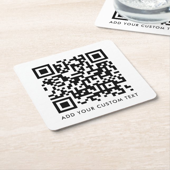 QR Code Minimalist Clean Simple White Custom Text Square Paper Coaster (Angled)