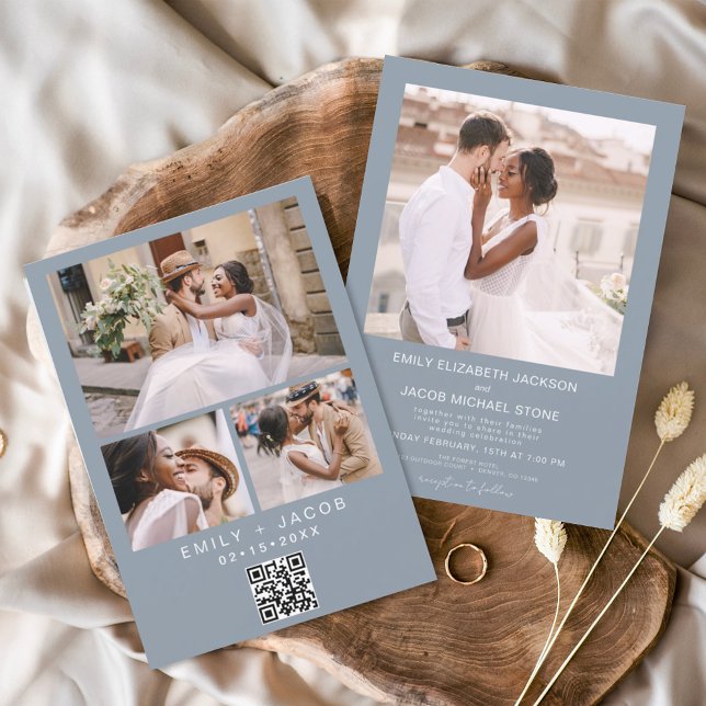 QR code Minimalist Dusty Blue Wedding Photo Invitation (Creator Uploaded)