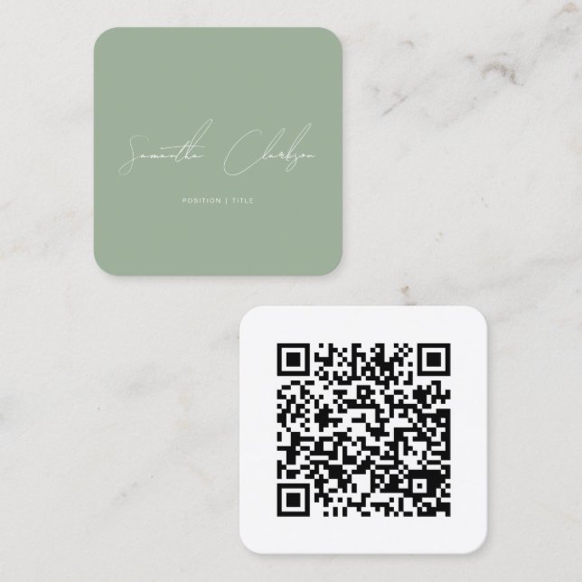 QR Code Minimalist Sage Green Handwritten Script Square Business Card (Front/Back)