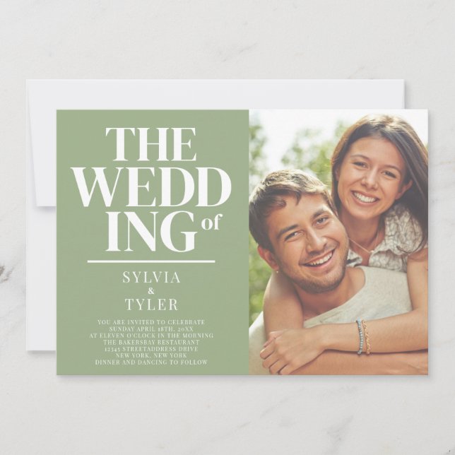 QR Code Minimalist Typography Sage Photo Wedding Invitation (Front)