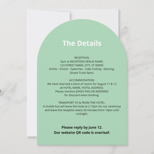 QR Code Mint Green Wedding Details Card (Front)