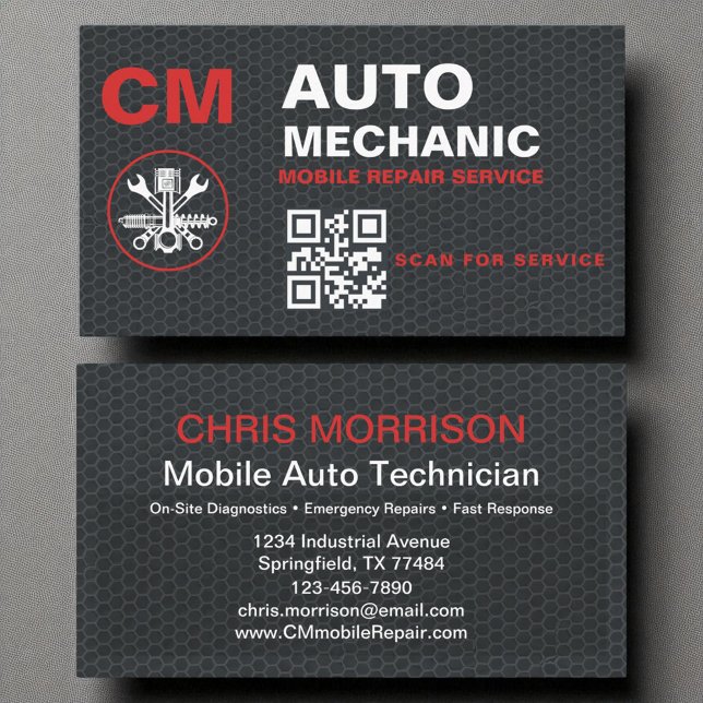 QR Code Mobile Auto Mechanic Monogram Business Card (Creator Uploaded)