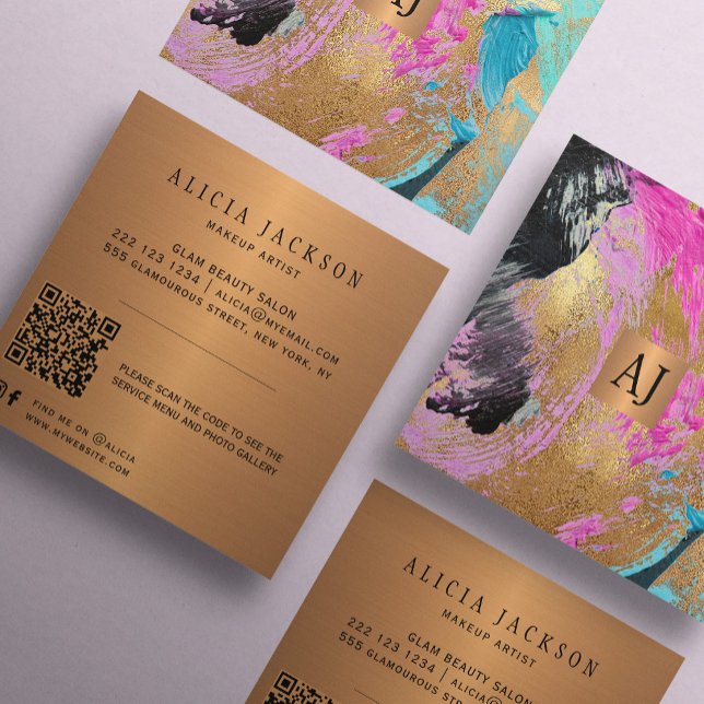 QR CODE modern abstract gold glam monogrammed  Square Business Card (Creator Uploaded)