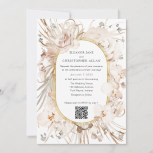 QR code modern beige floral garden wedding Invitation