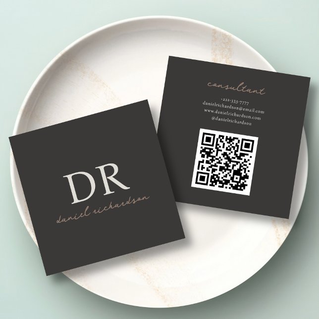 Qr Code Modern Black Aesthetic Initial Monogram Square Business Card (Creator Uploaded)