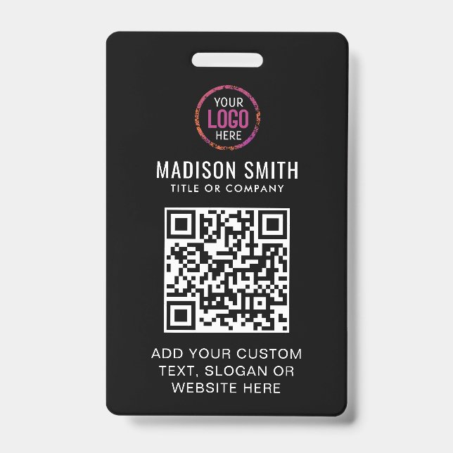 QR Code Modern Black Business Logo Event Badge ID Badge (Front)