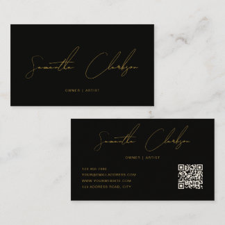 QR Code Modern Black & Gold Handwritten Script Business Card