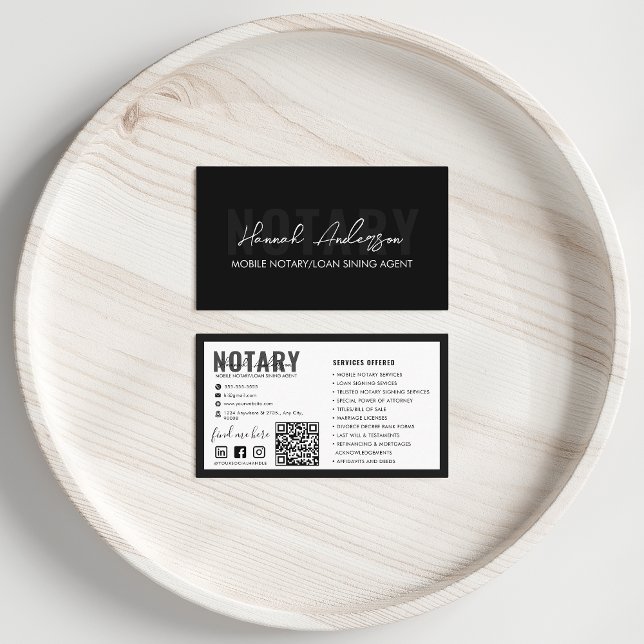 QR Code | Modern Black Mobile Notary Public Business Card (Creator Uploaded)