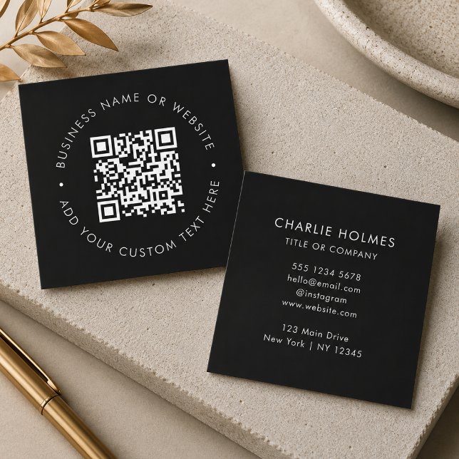 QR Code | Modern Black Professional Scan Me Square Business Card (Interactive editable QR code square business cards to promote your business, products or services.)