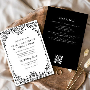 QR Code Modern Black & White Minimal Leaf Wedding Invitation