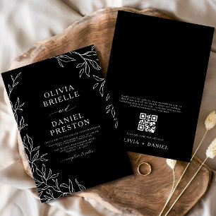 QR Code Modern Black & White Minimal Leaf Wedding Invitation