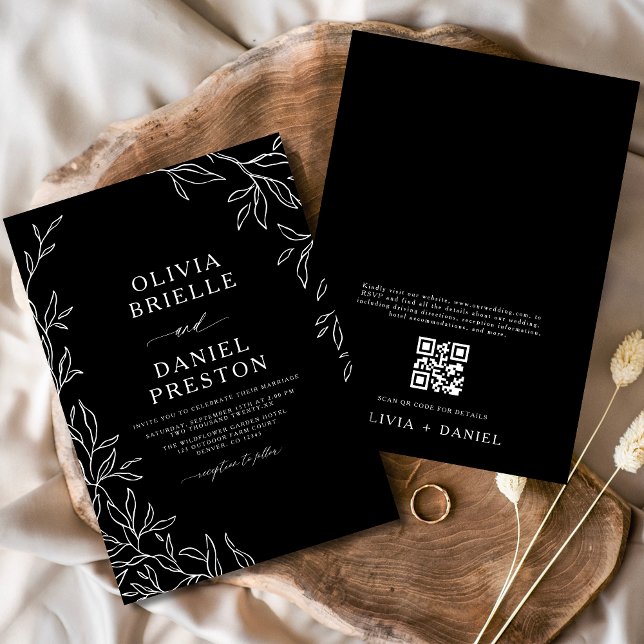 QR Code Modern Black & White Minimal Leaf Wedding Invitation (Creator Uploaded)