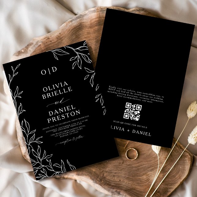QR Code Modern Black & White Minimal Leaf Wedding Invitation (Creator Uploaded)