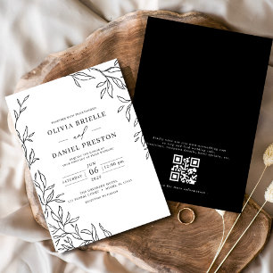 QR Code Modern Black & White Minimal Leaf Wedding Invitation