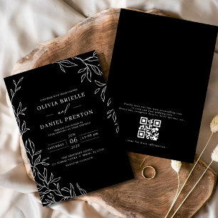 QR Code Modern Black & White Minimal Leaf Wedding Invitation