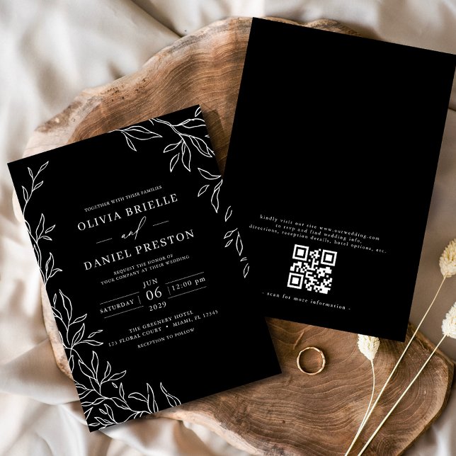 QR Code Modern Black & White Minimal Leaf Wedding  Invitation (Creator Uploaded)