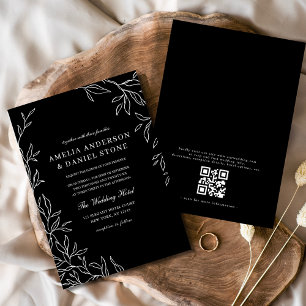 QR Code Modern Black & White Minimal Leaf Wedding Invitation