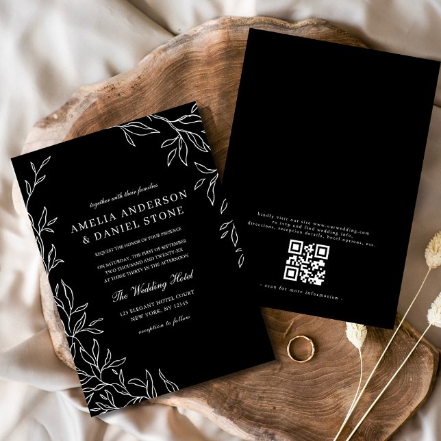 QR Code Modern Black & White Minimal Leaf Wedding  Invitation (Creator Uploaded)