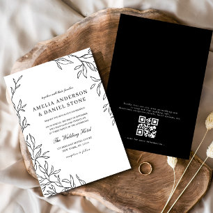 QR Code Modern Black & White Minimal Leaf Wedding  Invitation