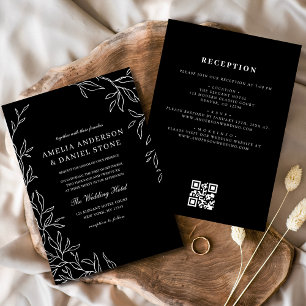QR Code Modern Black & White Minimal Leaf Wedding  Invitation