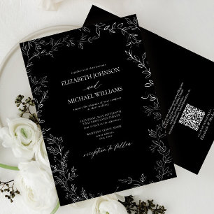 QR Code Modern Black & White Minimal Leaf Wedding Invitation