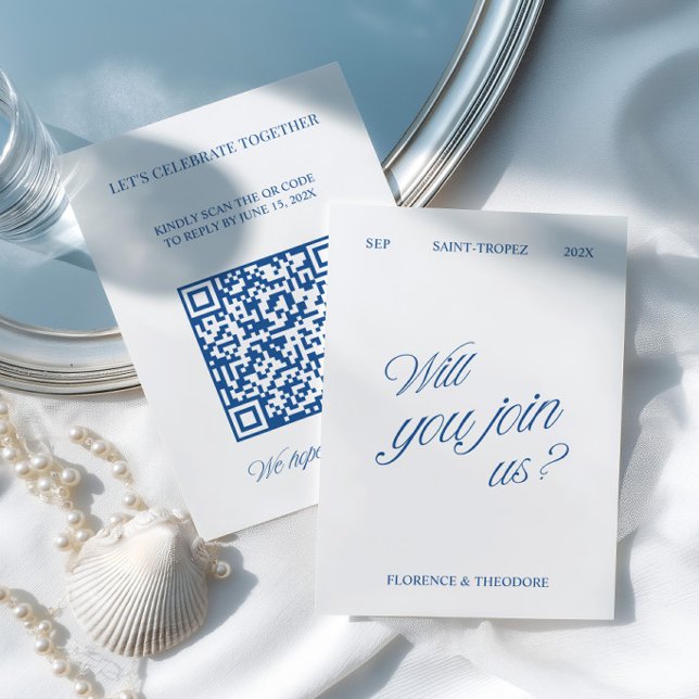 QR Code Modern Blue & White Wedding RSVP Card (QR Code Modern Blue & White Wedding RSVP Card)