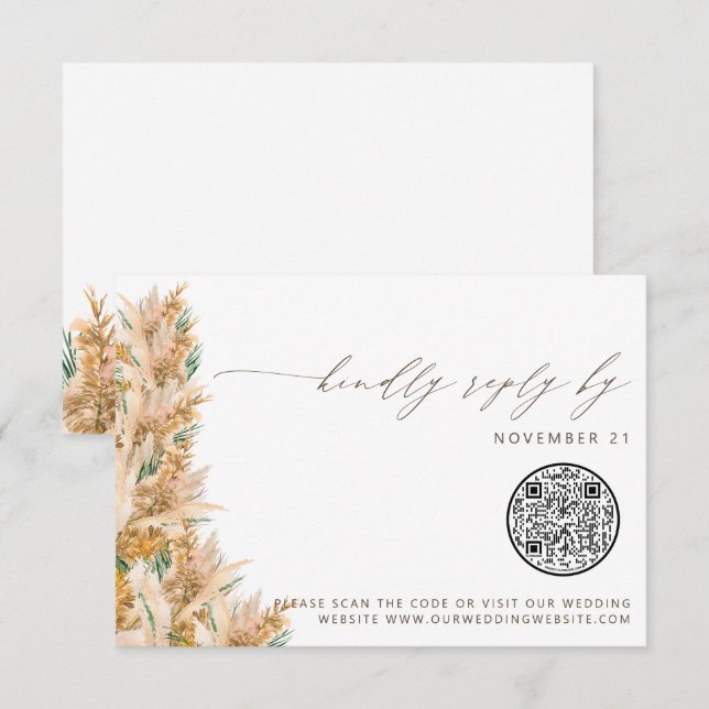 QR Code Modern Boho Pampas Grass Wedding RSVP Card (Front/Back)