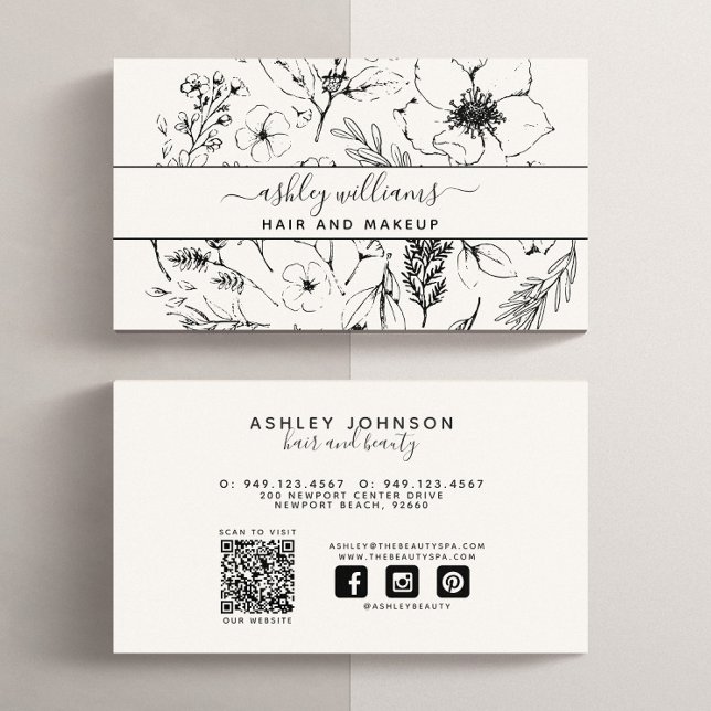 QR Code Modern Botanical Blush Black Social Media Business Card (QR Code Social Media Business Card)