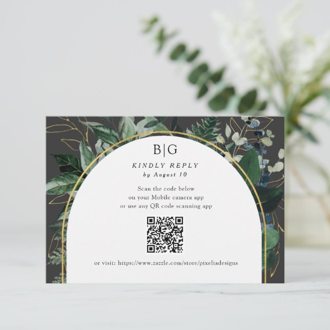 QR code Modern Botanical Greenery foliage wedding  RSVP Card (Standing Front)
