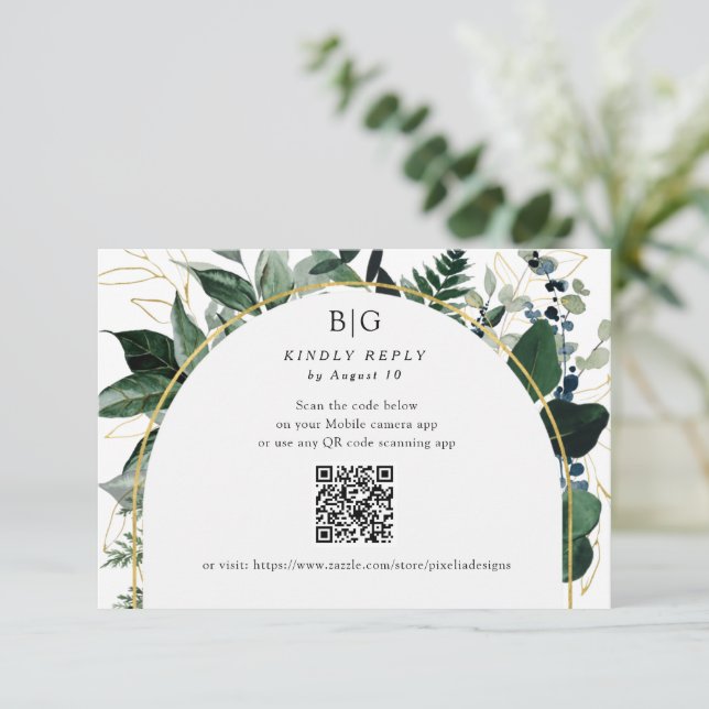 QR code Modern Botanical Greenery foliage wedding RSVP Card (Standing Front)