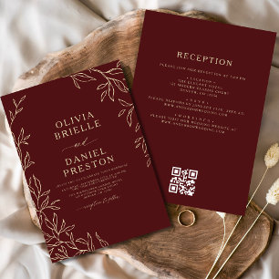 QR Code Modern Burgundy Gold Minimal Leaf Wedding Invitation