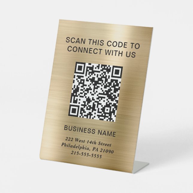 QR Code Modern Business Gold Pedestal Sign (Front)