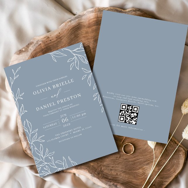 QR Code Modern Dusty Blue Minimal Leaf Wedding  Invitation (Creator Uploaded)