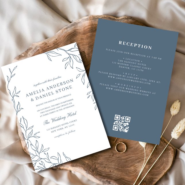 QR Code Modern Dusty Blue Minimal Leaf Wedding  Invitation (Creator Uploaded)