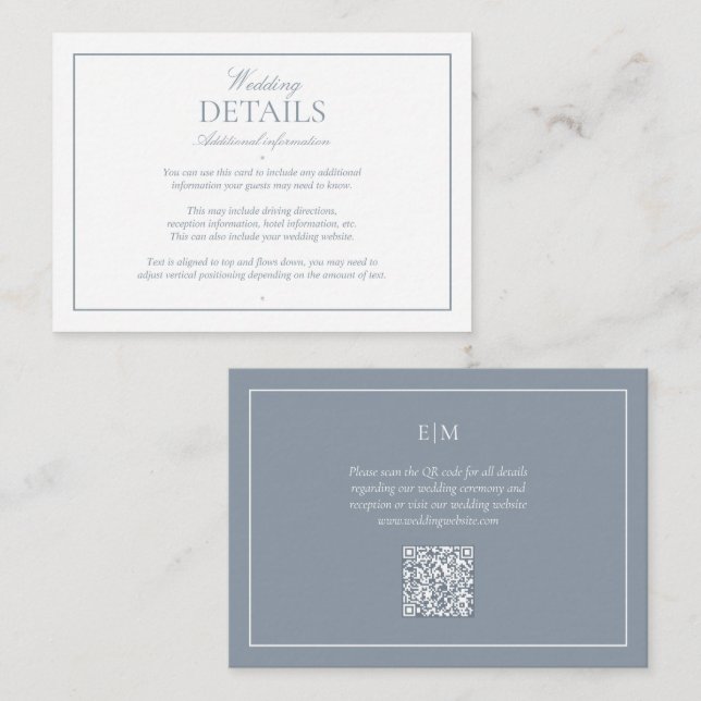 QR Code Modern Dusty Blue Monogram Wedding Details Enclosure Card (Front/Back)