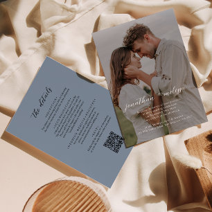 QR Code Modern Dusty Blue Photo Overlay Wedding Invitation