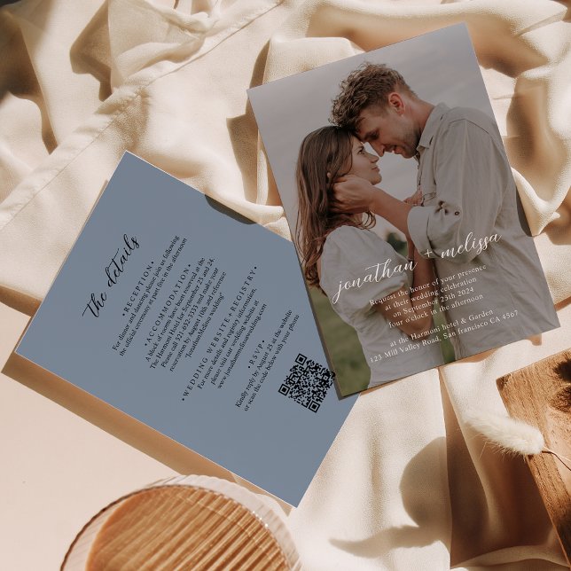 QR Code Modern Dusty Blue Photo Overlay Wedding Invitation (Creator Uploaded)