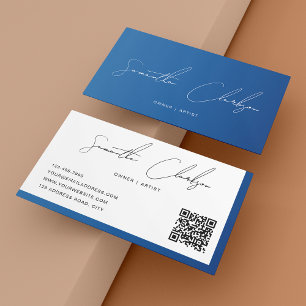 QR code Modern Elegant Blue Handwritten Script Business Card
