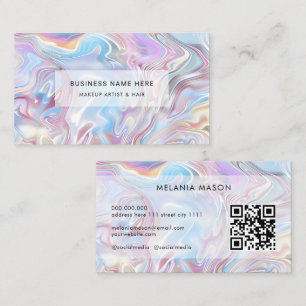 QR Code Modern Elegant Holographic Marble Pastel Business Card