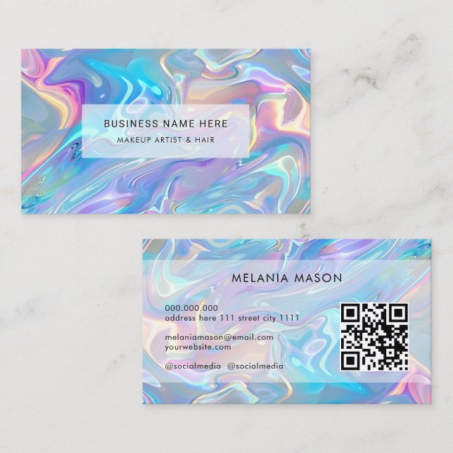 QR Code Modern Elegant Iridiscent Holographic Business Card (Front/Back)