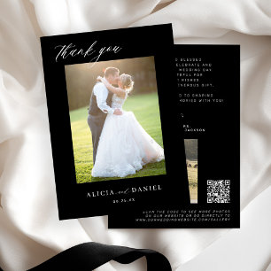 QR CODE modern elegant script photo black wedding Thank You Card