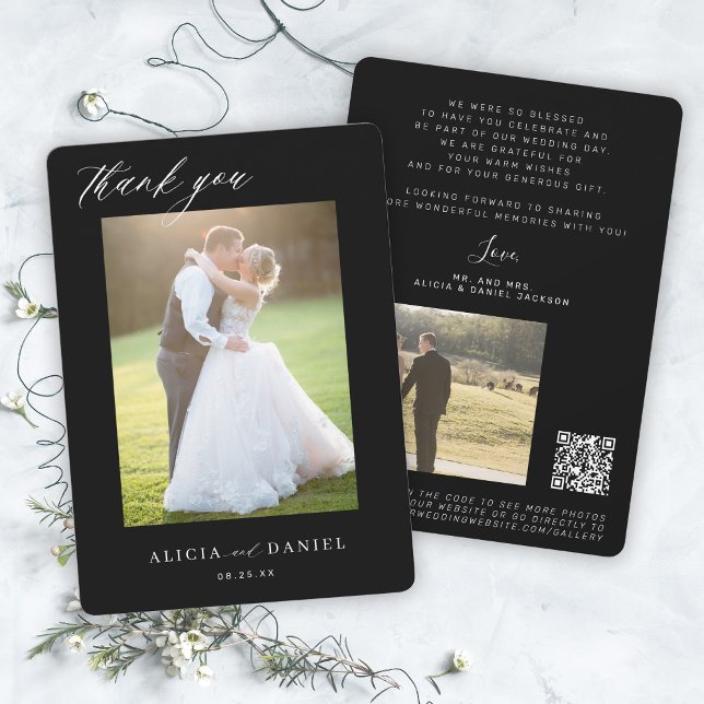 QR CODE modern elegant script photo black wedding Thank You Card (Creator Uploaded)