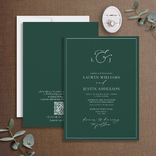 QR Code Modern Emerald Green Calligraphy Monogram Invitation