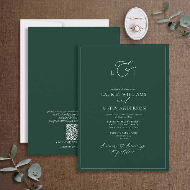 QR Code Modern Emerald Green Calligraphy Monogram  Invitation (Creator Uploaded)