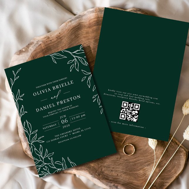 QR Code Modern Emerald Green Minimal Leaf Wedding  Invitation (Creator Uploaded)