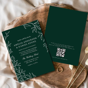 QR Code Modern Emerald Green Minimal Leaf Wedding  Invitation