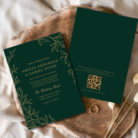 QR Code Modern Emerald Green Minimal Leaf Wedding 